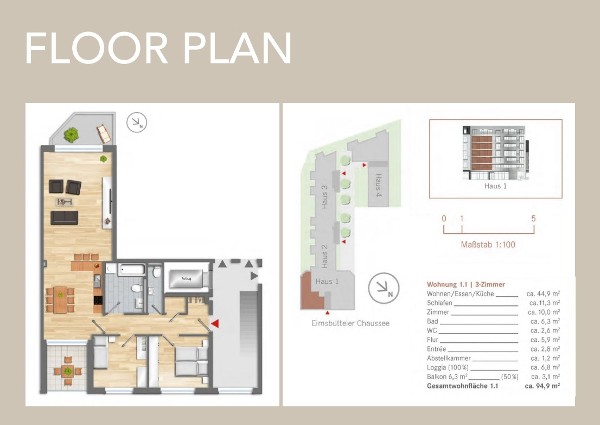 Sie erhalten eine sehr helle und ruhige Wohnung mit einer modernen - voll ausgestatteten - Küche, einem Bad, einem Balkon und einer Loggia. 