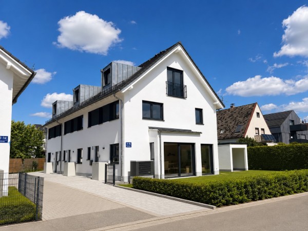 Die Außenansicht eines weißen neu errichteten Reihenhauses in München-Trudering