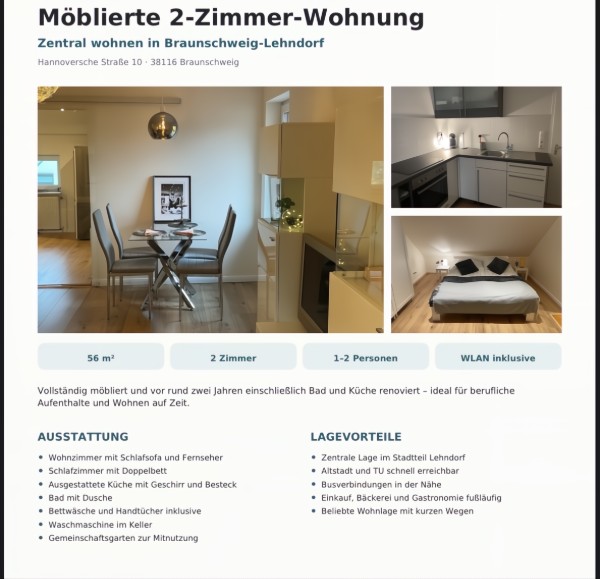 Möblierte 2-Zimmer-Wohnung 56 m² in Braunschweig-Lehndorf mit Wohn-/Essbereich, Küche und Schlafzimmer im Überblick