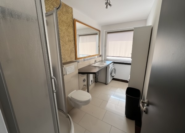 Modernes Badezimmer mit Duschkabine, Waschbecken und eigener Waschmaschine